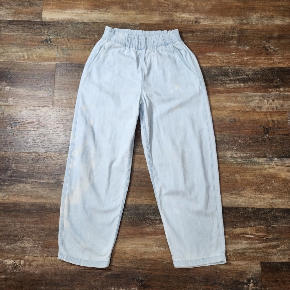 VINTAGE LEVI'S ELASTIC WAIST PULL UP LIGHTWEIGHT BLEACH SPOTS BIG E JEANS SIZE S